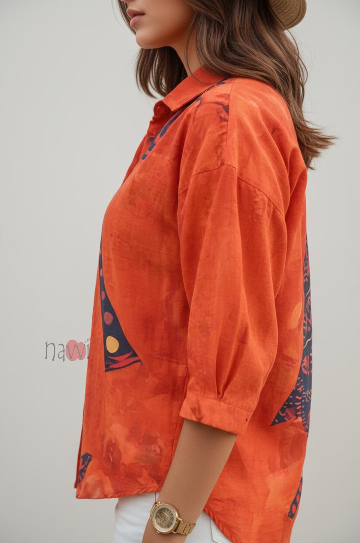 Tribal Muse Printed Orange Linen Shirt - Navvi.in