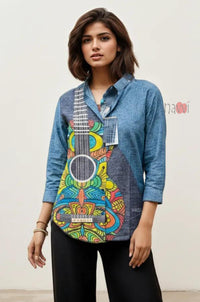 Melody Guitar Print Denim Linen Shirt Top - Navvi.in