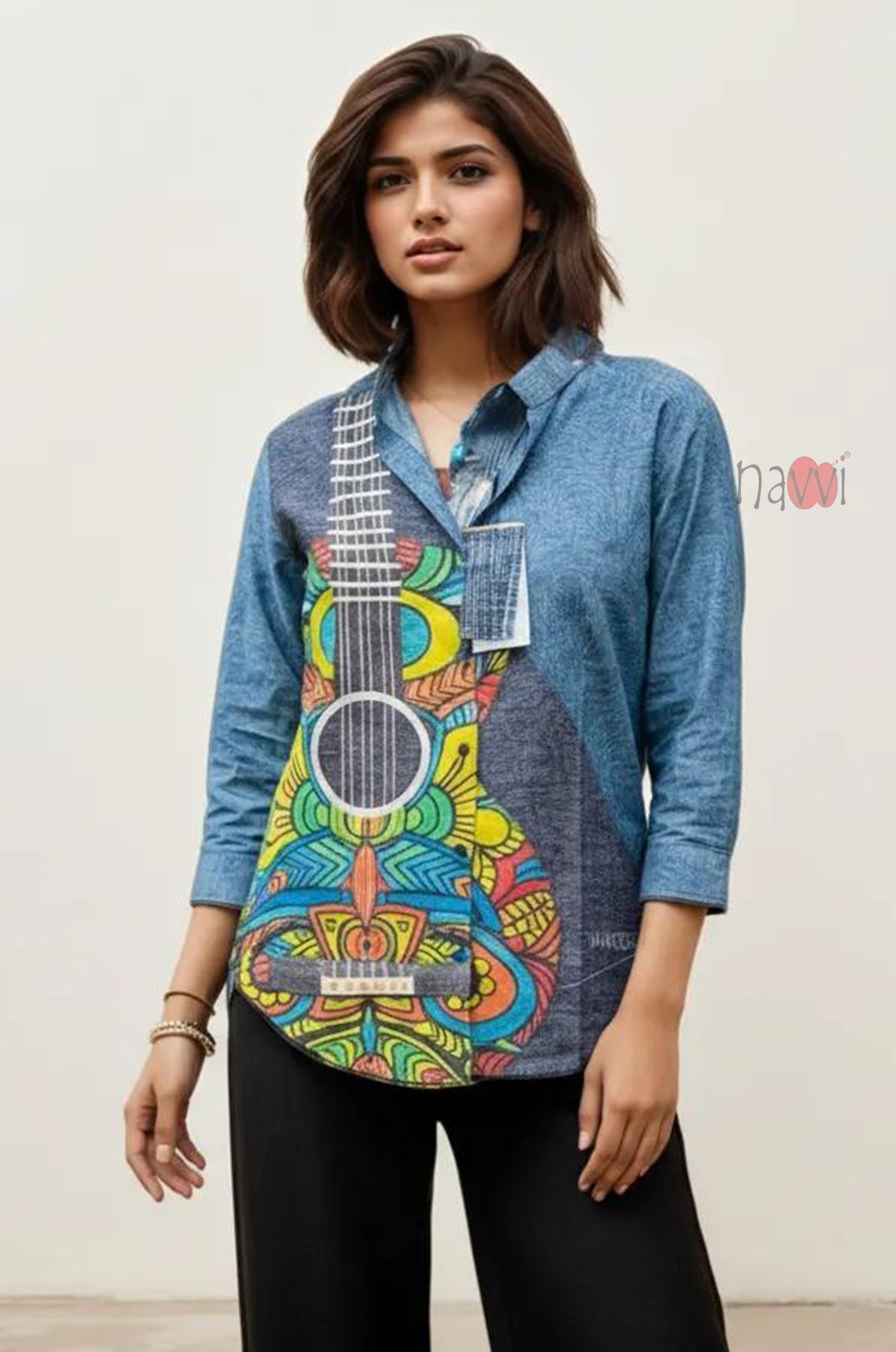 Melody Guitar Print Denim Linen Shirt Top - Navvi.in