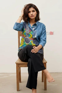 Melody Guitar Print Denim Linen Shirt Top - Navvi.in
