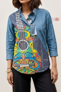 Melody Guitar Print Denim Linen Shirt Top - Navvi.in