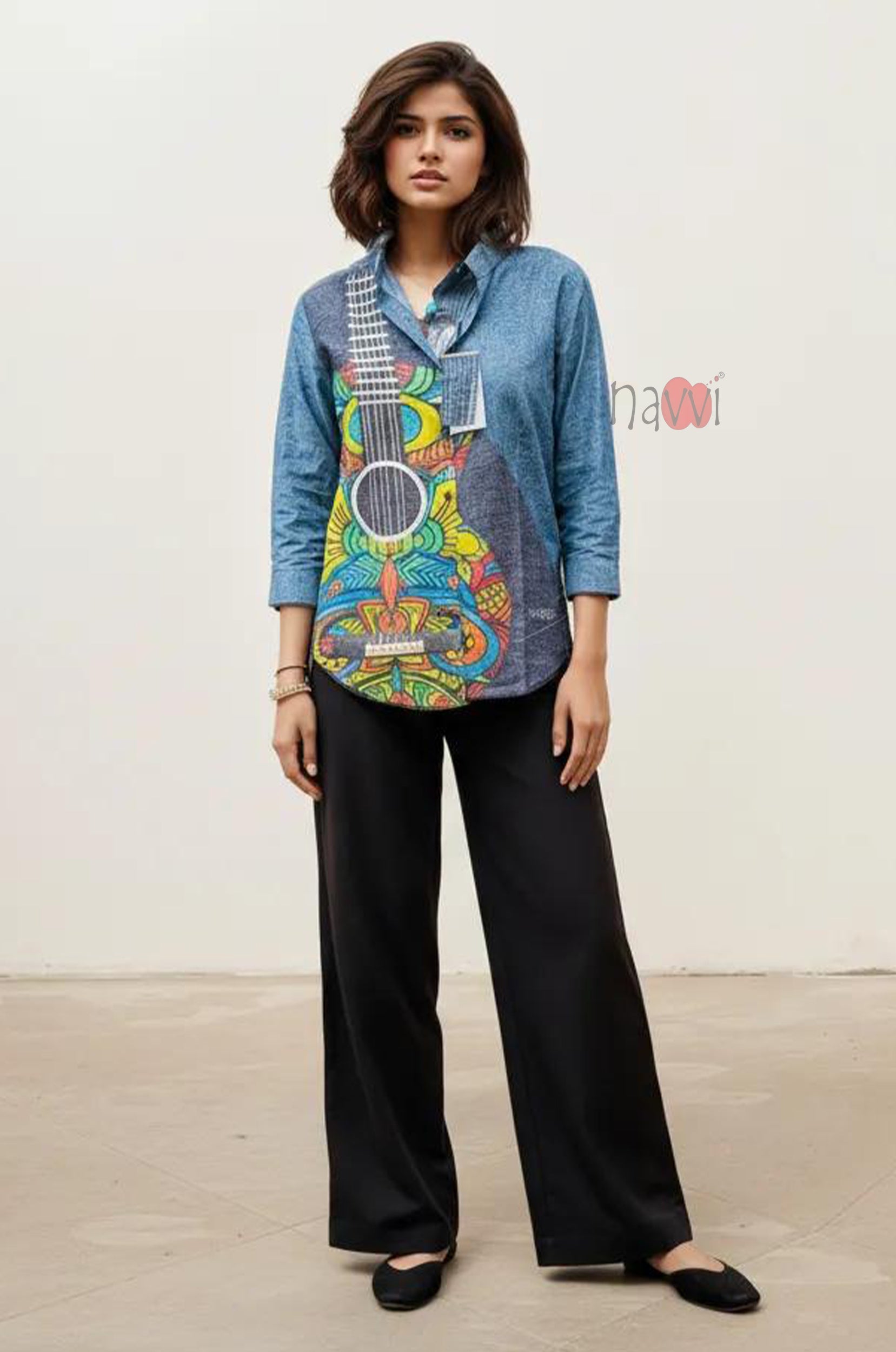 Melody Guitar Print Denim Linen Shirt Top - Navvi.in