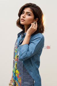 Melody Guitar Print Denim Linen Shirt Top - Navvi.in