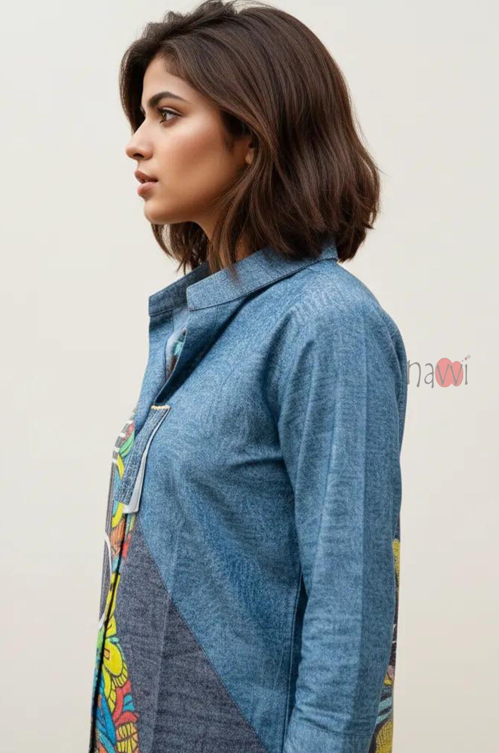 Melody Guitar Print Denim Linen Shirt Top - Navvi.in
