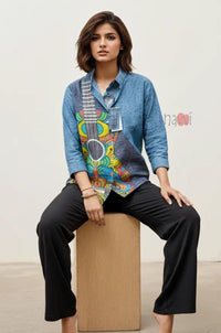 Melody Guitar Print Denim Linen Shirt Top - Navvi.in