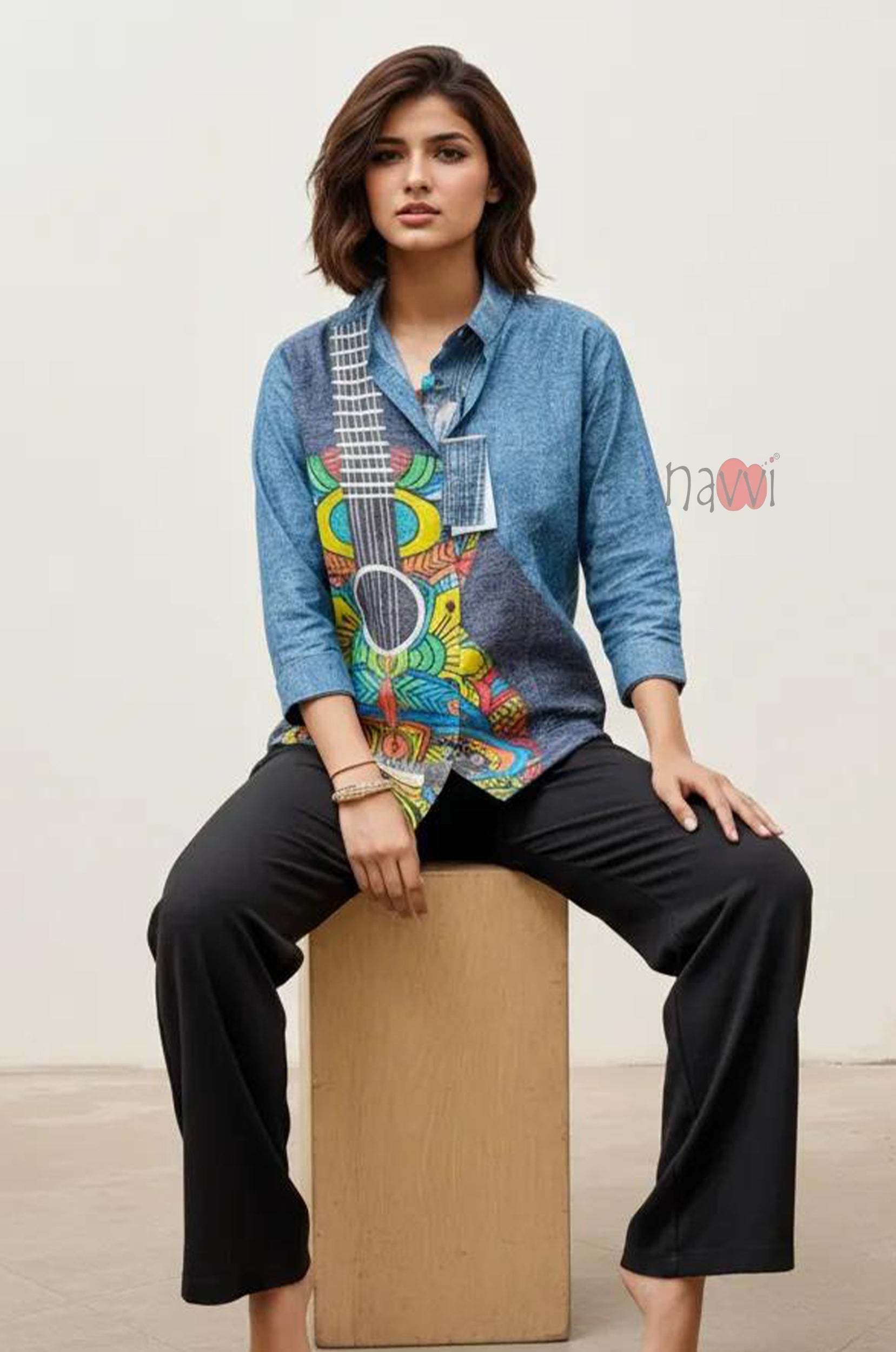 Melody Guitar Print Denim Linen Shirt Top - Navvi.in
