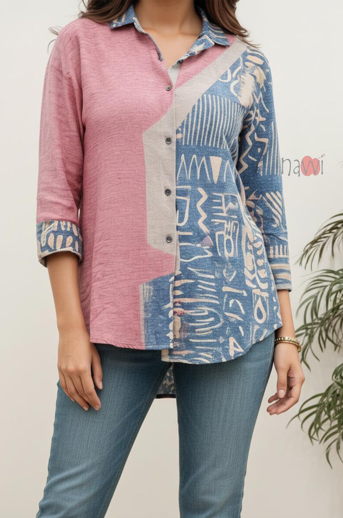Rose Indigo Patchwork Casual Linen Shirt Top - Navvi.in