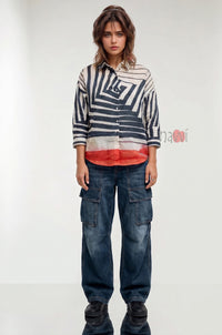 Urban Mirage Geometric Stripe Linen Shirt Top - Navvi.in
