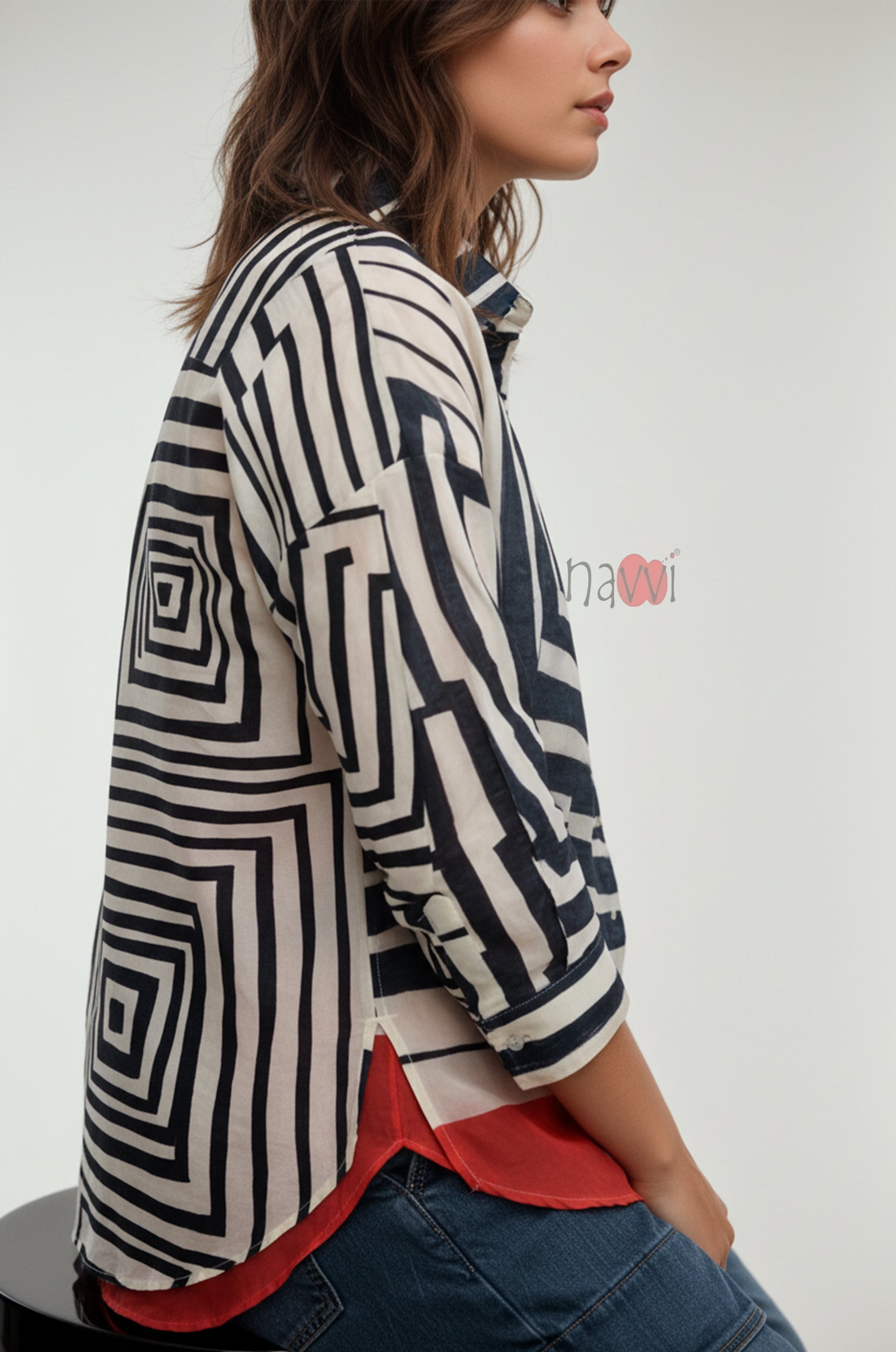 Urban Mirage Geometric Stripe Linen Shirt Top - Navvi.in
