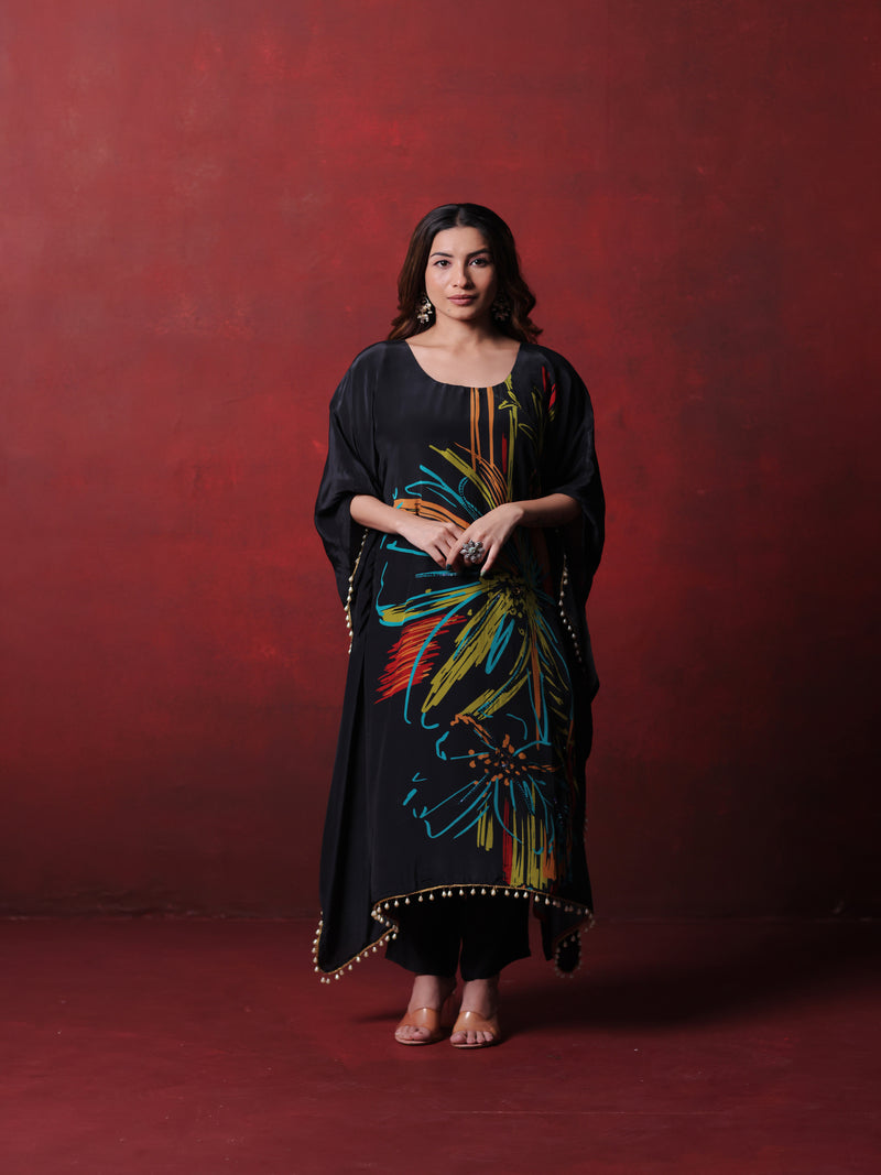 Black Floral Print Kaftan With Palazzo