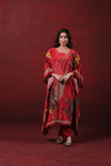 Red Printed Kaftan Set with Leaf Motifs