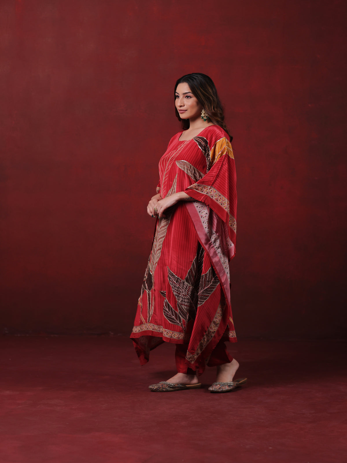 Red Printed Kaftan Set with Leaf Motifs