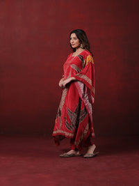 Red Printed Kaftan Set with Leaf Motifs