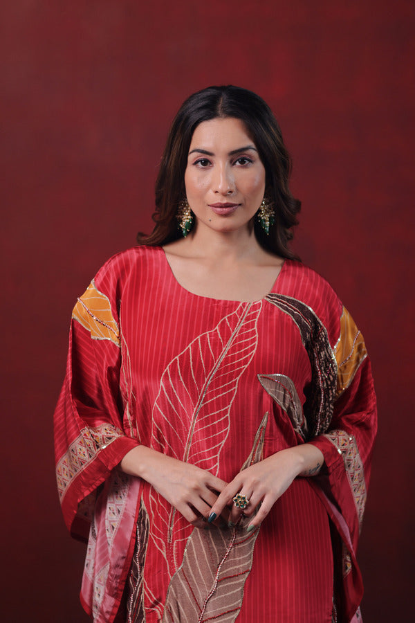 Red Printed Kaftan Set with Leaf Motifs