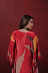 Red Printed Kaftan Set with Leaf Motifs