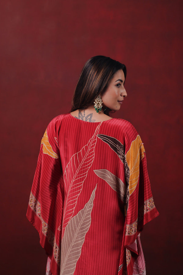 Red Printed Kaftan Set with Leaf Motifs