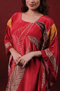 Red Printed Kaftan Set with Leaf Motifs