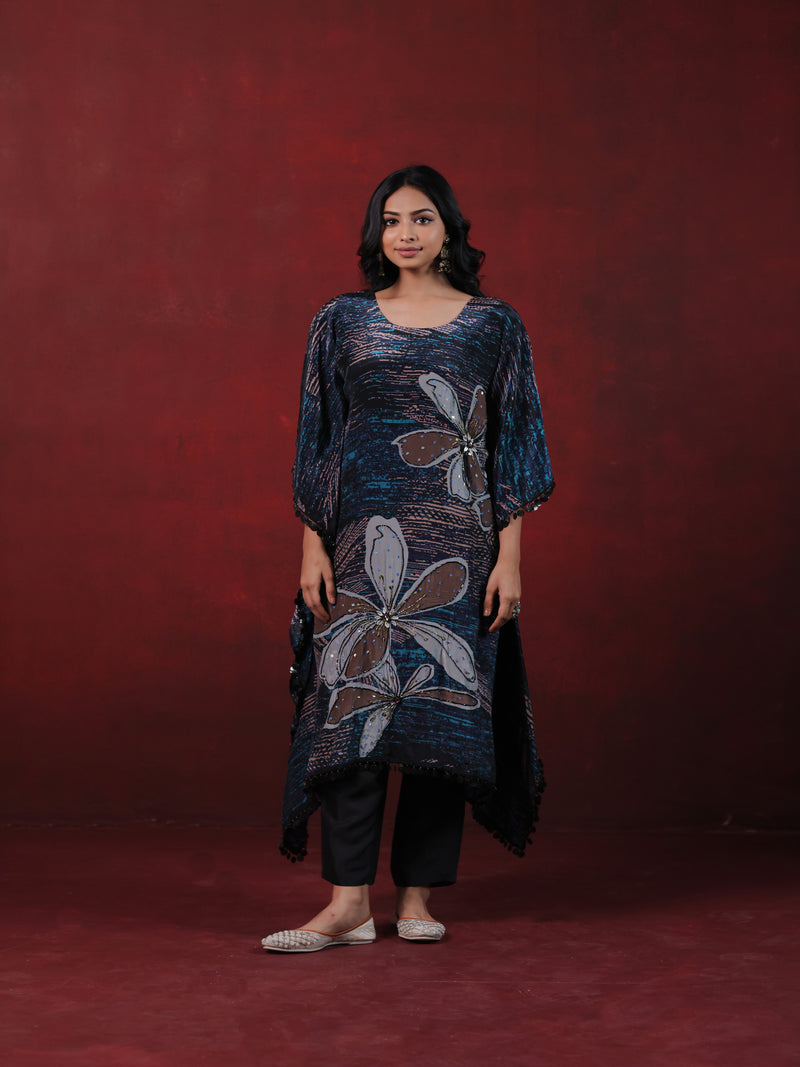 Blue Floral Print Kaftan with Palazzos