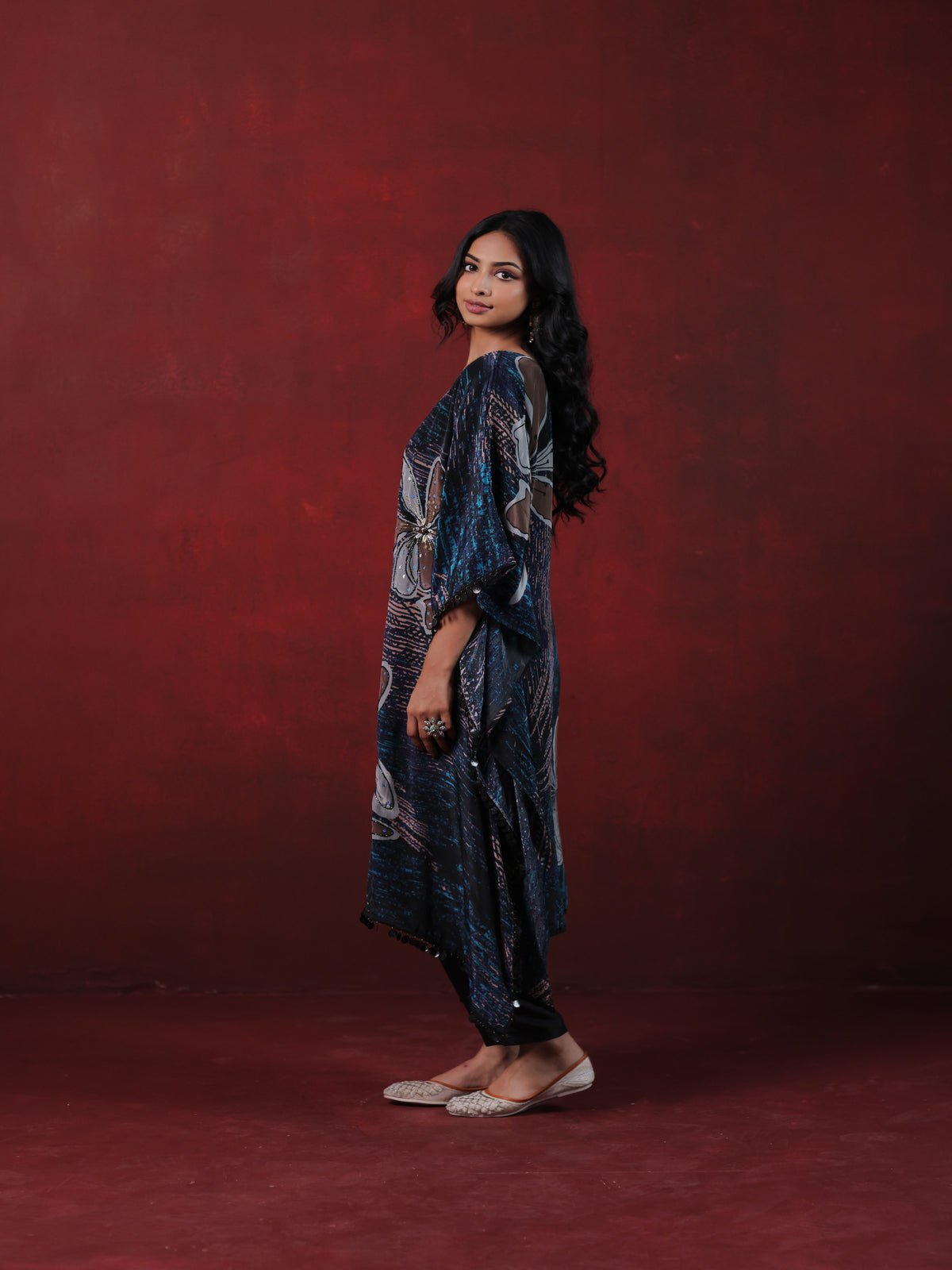 Blue Floral Print Kaftan with Palazzos