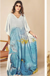 V-Neck Turquoise and Gold Printed Kaftan