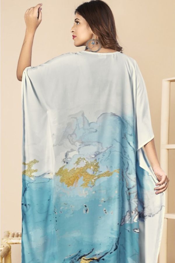 V-Neck Turquoise and Gold Printed Kaftan