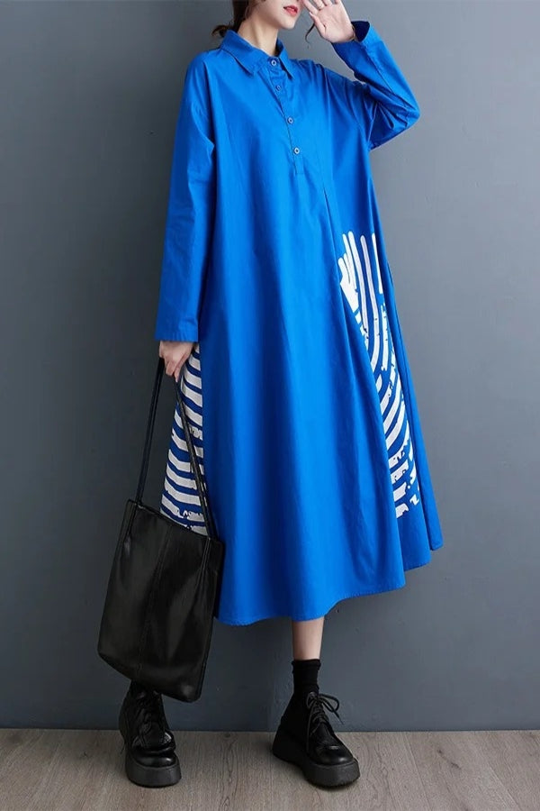 Blue Oversized Shirt Dress with Graphic Print