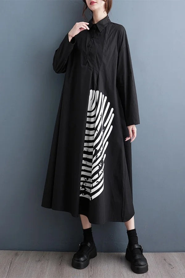 Black Oversized Shirt Dress with Graphic Print