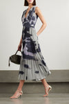 Satin Pleated Maxi Dress with Floral Print, Navy Blue