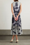 Satin Pleated Maxi Dress with Floral Print, Navy Blue