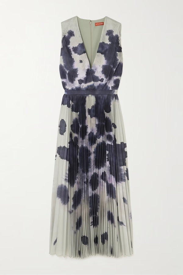 Satin Pleated Maxi Dress with Floral Print, Navy Blue