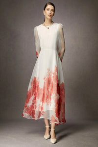 Organza Silk Ombre Printed Dress, Coral Red