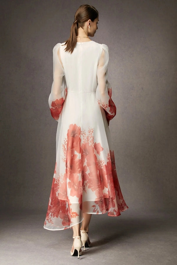 Organza Silk Ombre Printed Dress, Coral Red