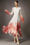 Organza Silk Ombre Printed Dress, Coral Red