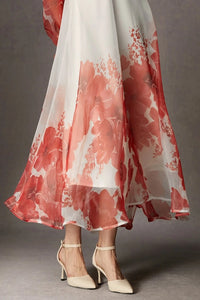 Organza Silk Ombre Printed Dress, Coral Red