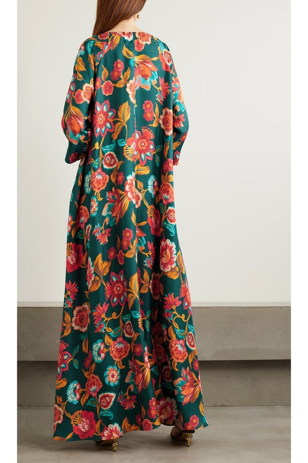 Women's Floral Print Green Kaftan Dress