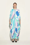 Cotton Blend Blue Printed Long Kaftan