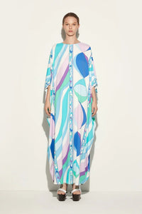 Cotton Blend Blue Printed Long Kaftan