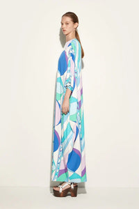 Cotton Blend Blue Printed Long Kaftan