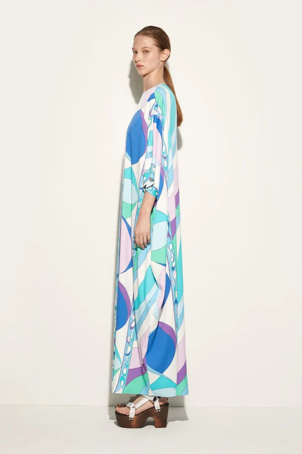 Cotton Blend Blue Printed Long Kaftan