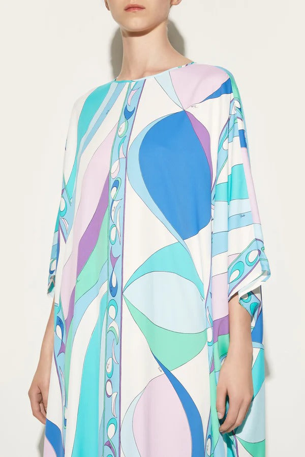 Cotton Blend Blue Printed Long Kaftan