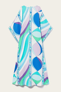 Cotton Blend Blue Printed Long Kaftan