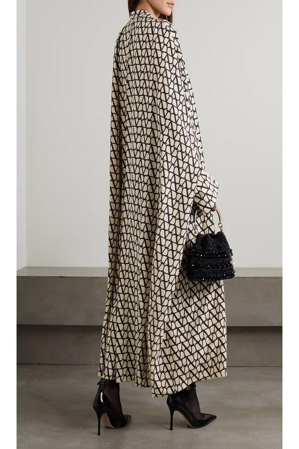 Black and Beige Geometric Printed Long Kaftan