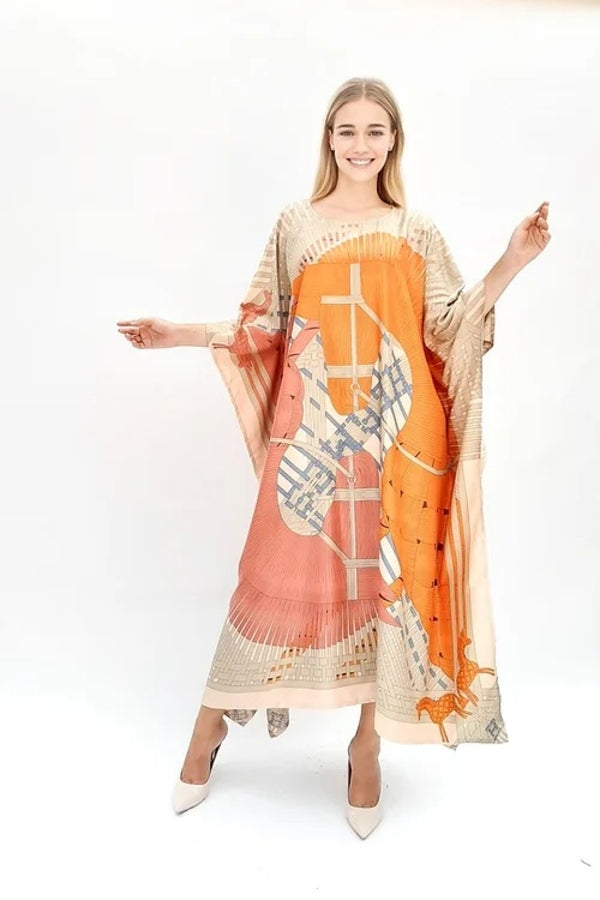 Style Orange Printed Long Kaftan Dress