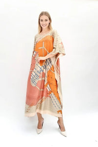 Style Orange Printed Long Kaftan Dress