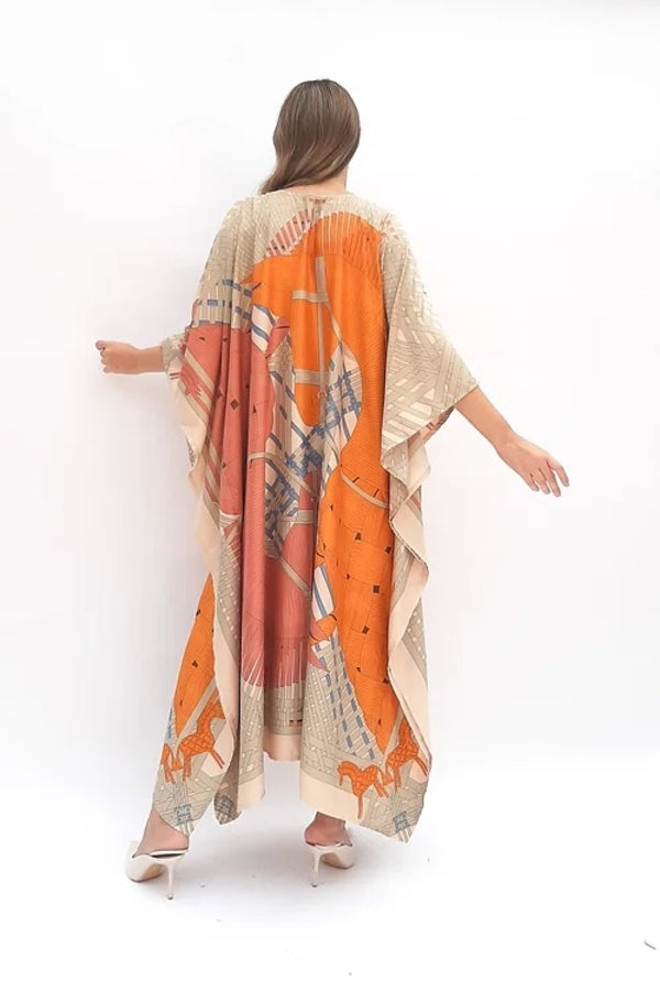 Style Orange Printed Long Kaftan Dress