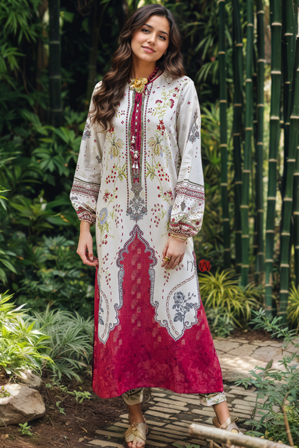 Ivory & Crimson Mughal Print Kurta Set