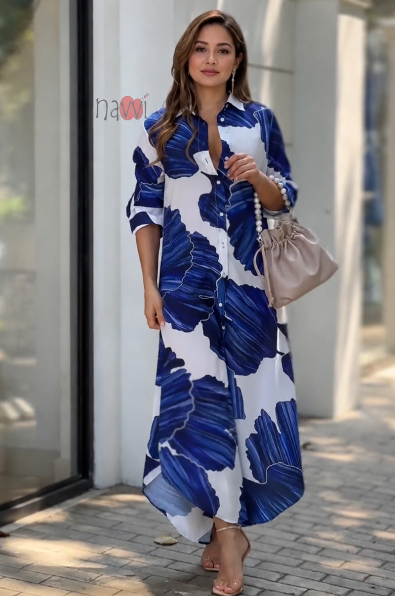 Blue & White Korean Long Shirt - Navvi.in