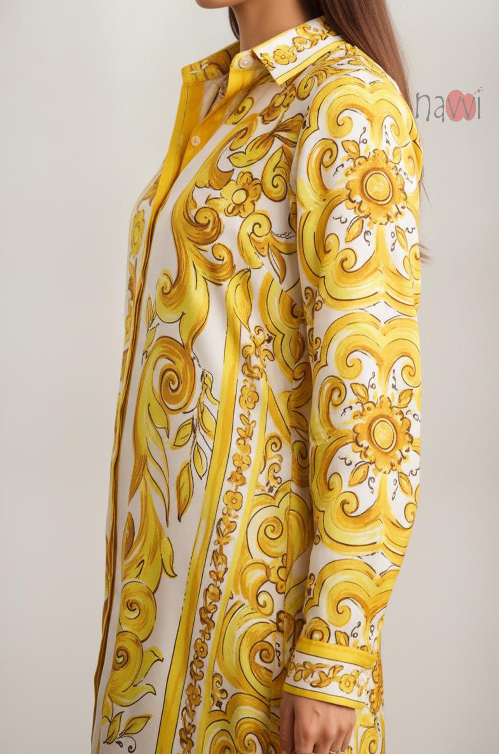 Golden Paisley Printed Shirt Dress