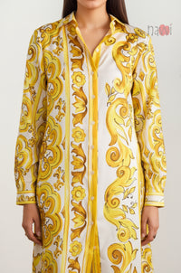 Golden Paisley Printed Shirt Dress