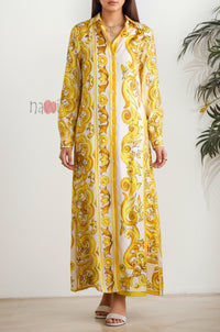 Golden Paisley Printed Shirt Dress